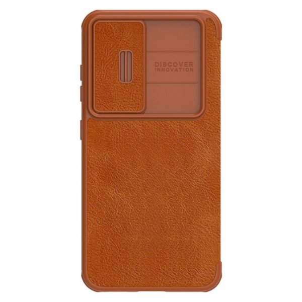 Nillkin Case for Samsung Galaxy S23 Plus (6.6" Inch) Qin Pro Camshield Camera Slider Genuine Classic Leather Flip Folio + Card Slot Brown Color