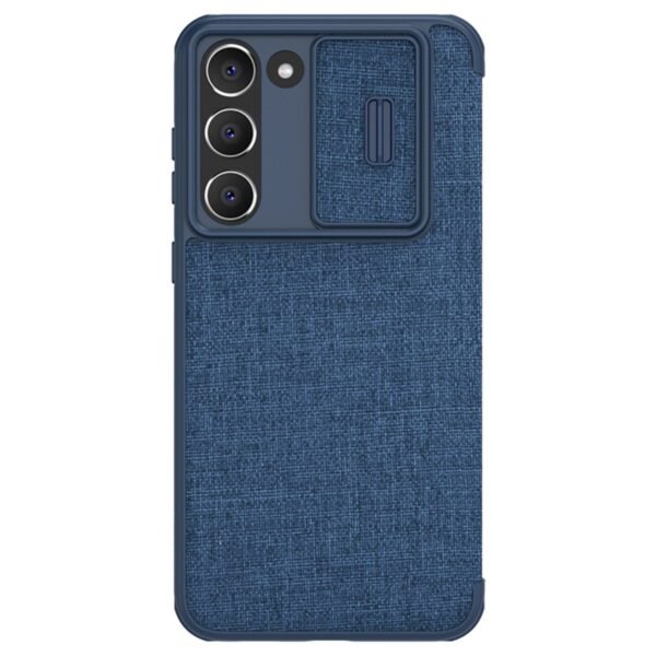 Nillkin Case for Samsung Galaxy S23 (6.1" Inch) Qin Pro Cloth Leather Camshield Camera Slider Flip Folio + Card Slot Blue Color