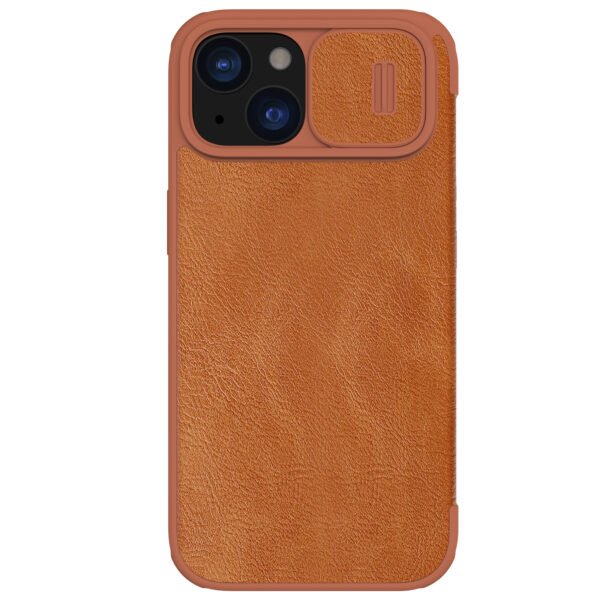 Nillkin Case for Apple iPhone 15 Qin Pro Camshield Camera Slider Genuine Classic Leather Flip Folio + Card Slot Brown Color